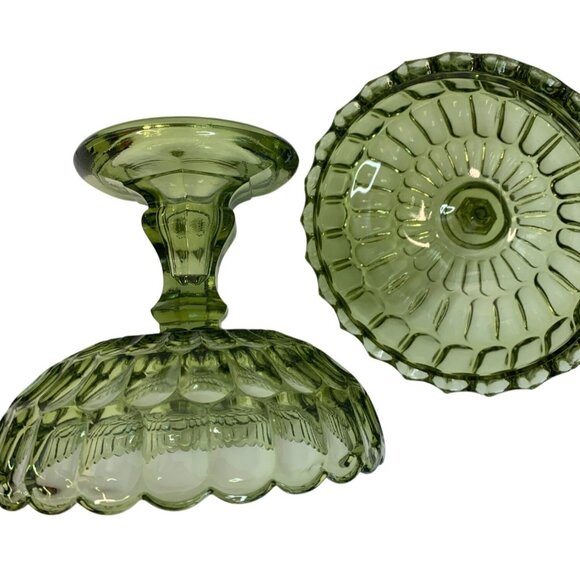 Rare Large Vintage 60s Green Fenton Glass Dish Pedestal Facet Covered 6975 - Picture 9 of 13